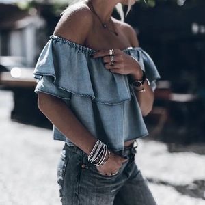 Zara off the shoulder denim ruffle crop top